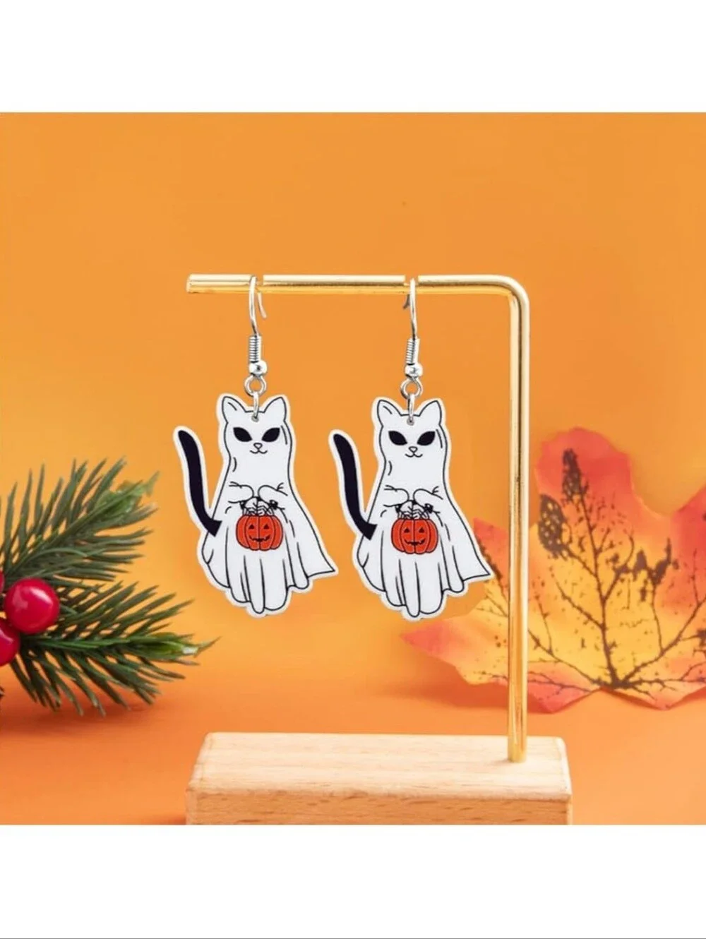 Halloween Ghost Cat Earrings - White Ghost Cat with Orange Pumpkin